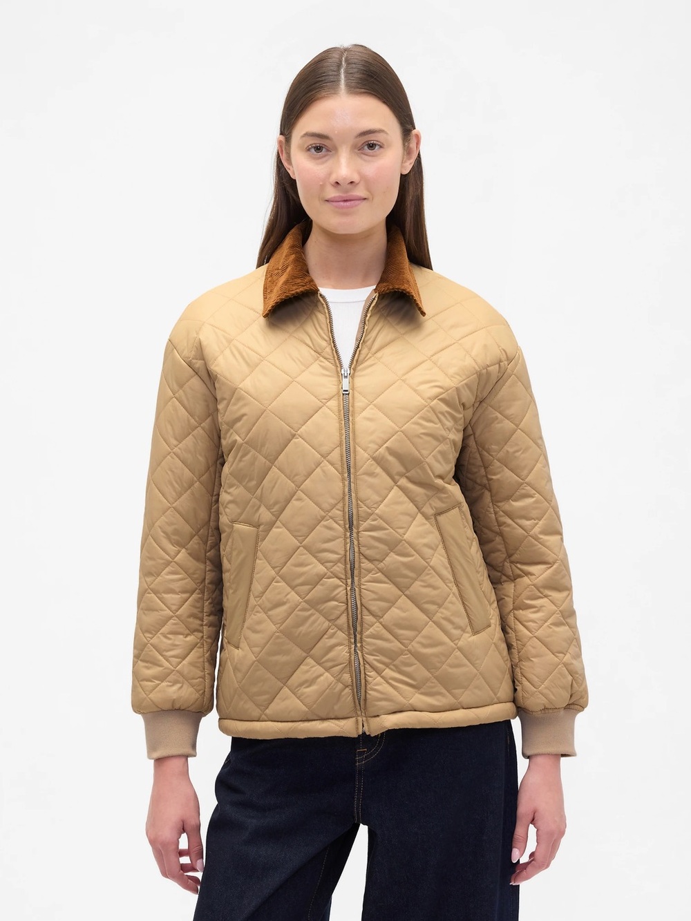 Quilted Barn Style  Jacket in Tan with Corduroy  Collar